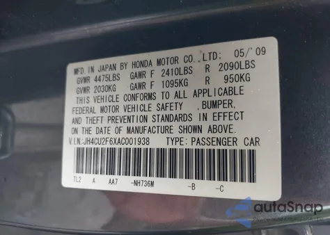 2010 Acura Tsx 2.4 from USA, damaged, VIN JH4CU2F6XAC001938